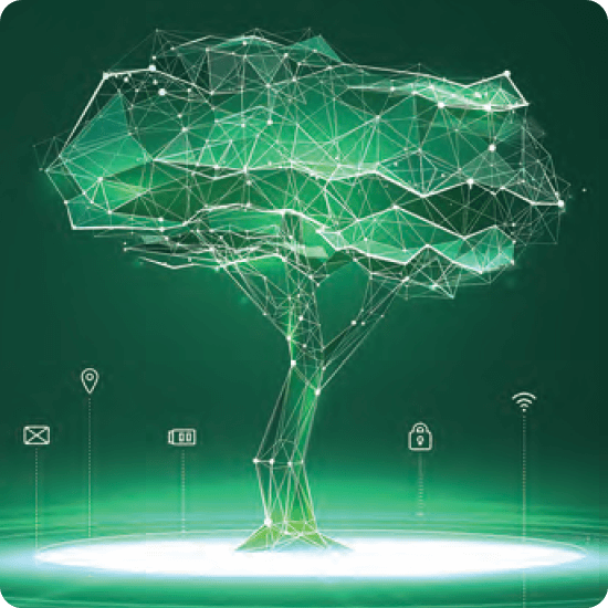 Abstract digital tree symbolizing interconnectedness and technology, glowing on a dark green background.